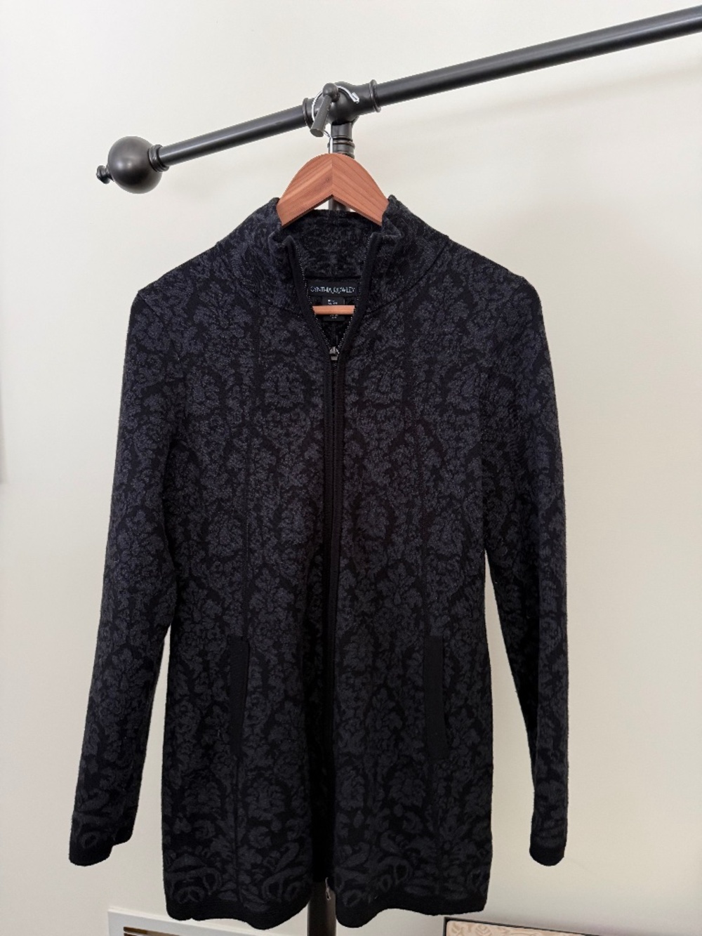 Cynthia Rowley Black & Gray Damask Zip-Up Cardigan Sweater Jacket